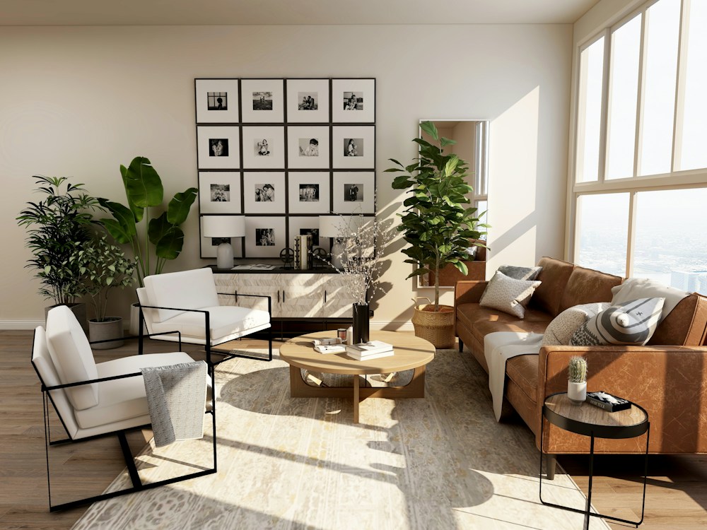 A bright, comfortable living room with natural materials and generous windows